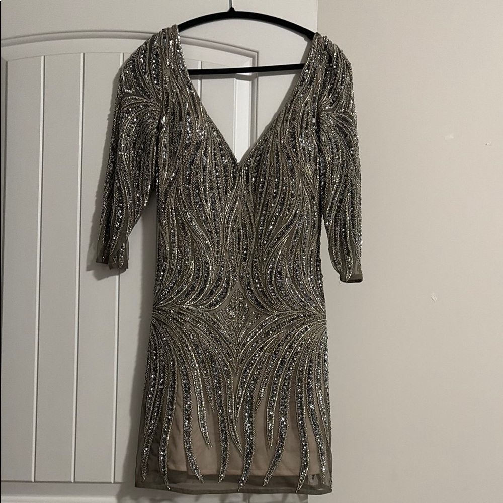 Beaded V-Neck Cocktail Dress in Silver